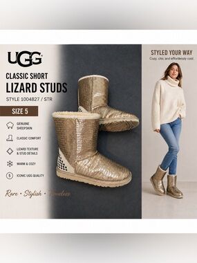 UGG Classic Short Lizard Studs Chestnut Fur Boots Womens Size 5